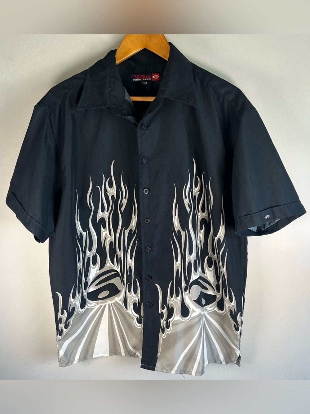 Vintage Point Zero Men’s Button Down Shirt Sz M Black Gray Flames Y2K 90s Grunge